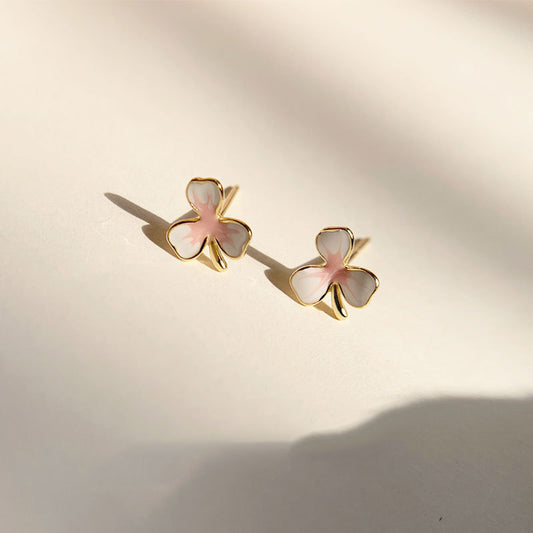 Beautiful Pink Three Leaf Flower 925 Sterling Silver Stud Earrings