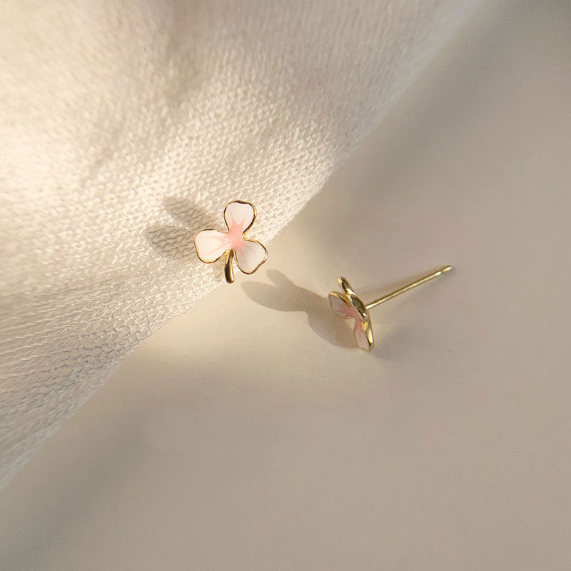 Beautiful Pink Three Leaf Flower 925 Sterling Silver Stud Earrings