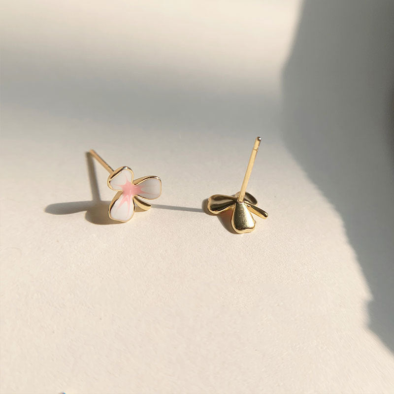 Beautiful Pink Three Leaf Flower 925 Sterling Silver Stud Earrings