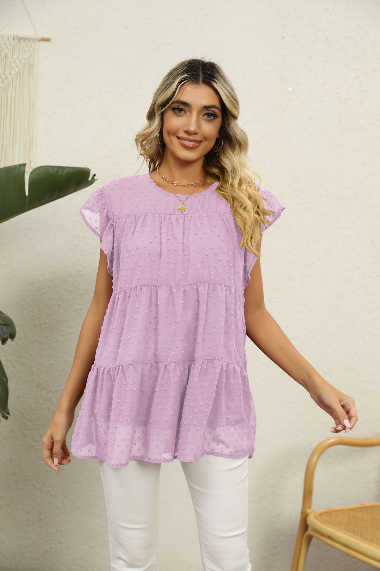 Swiss Dot Round Neck Tiered Blouse