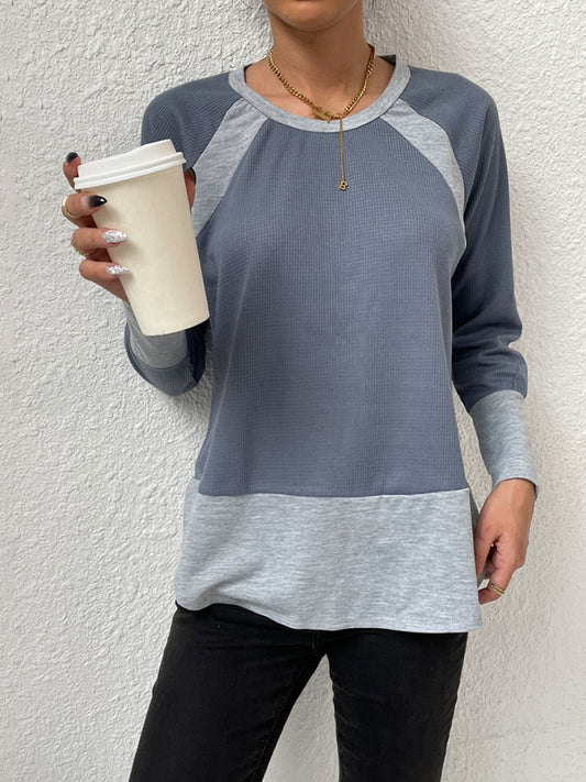 Waffle-knit Round Neck Raglan Sleeve Tee