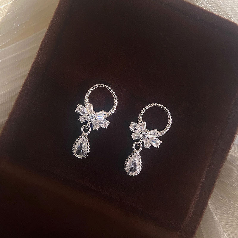 Sweet CZ Bow-Knot Waterdrop 925 Sterling Silver Dangling Earrings