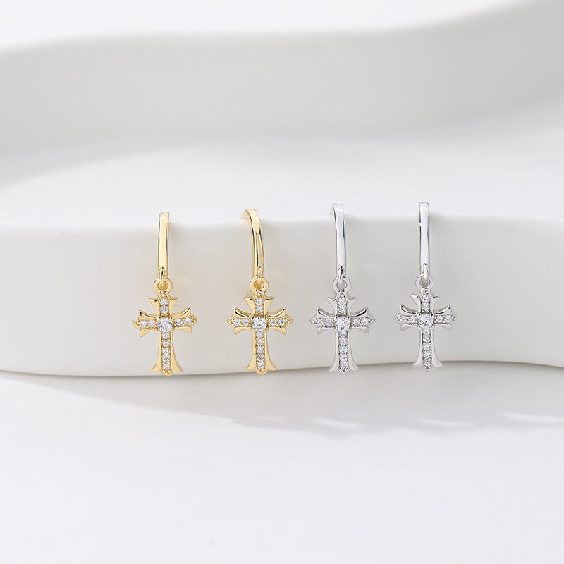 CZ Cross 925 Sterling Silver Dangling Earrings