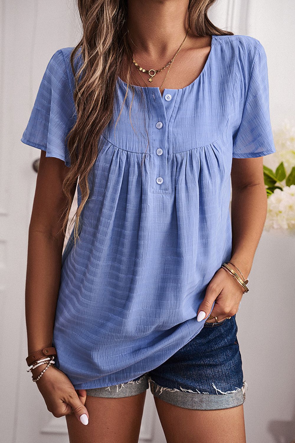 Quarter-Button Short Sleeve Top