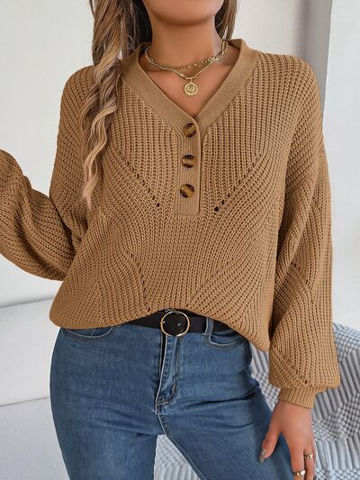 Openwork Half Button Lantern Sleeve Sweater