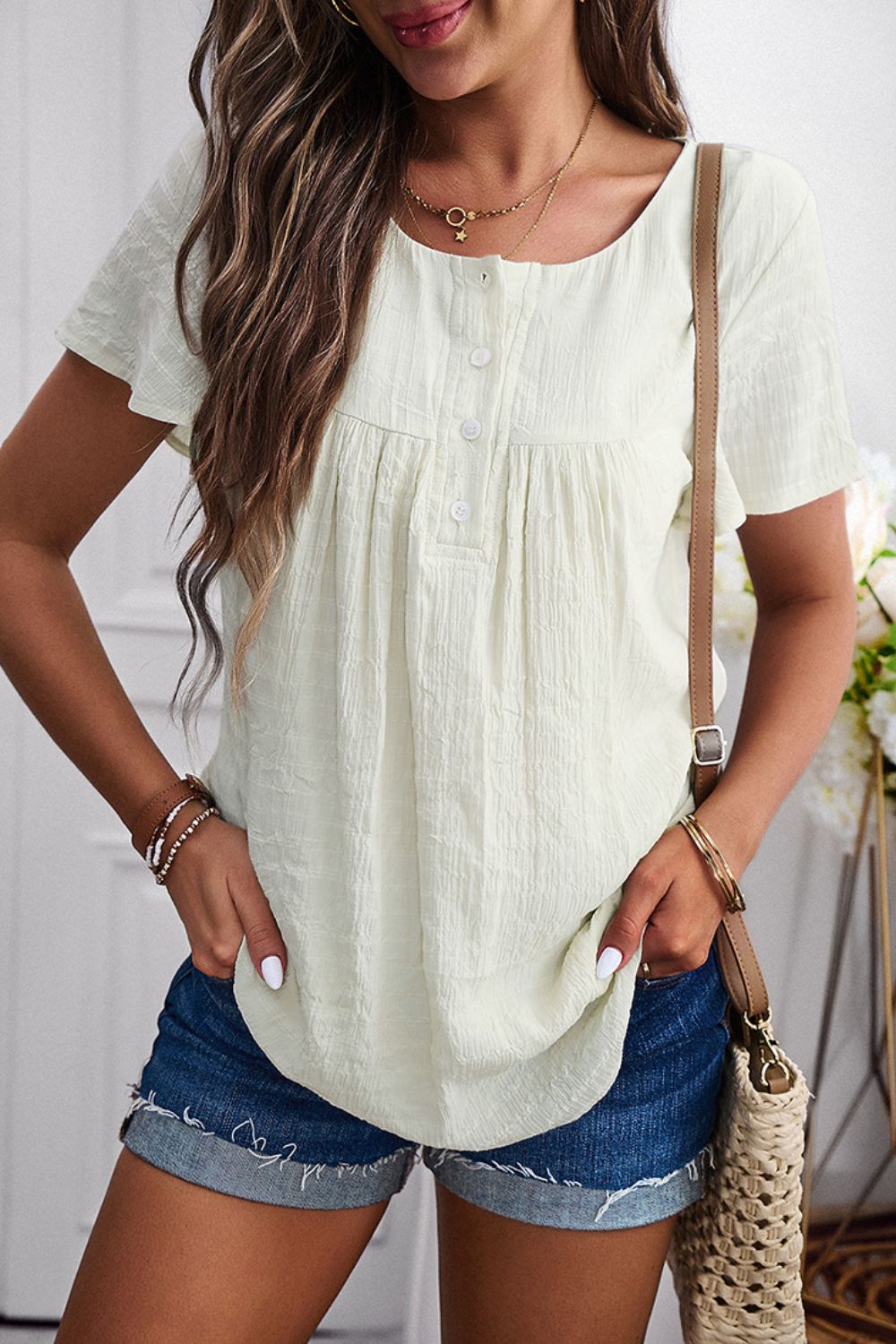 Quarter-Button Short Sleeve Top