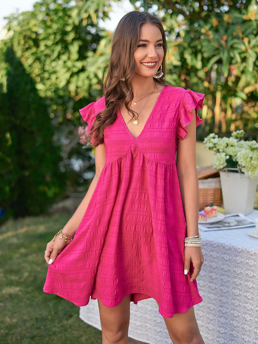 Textured V-Neck Flutter Sleeve Dress