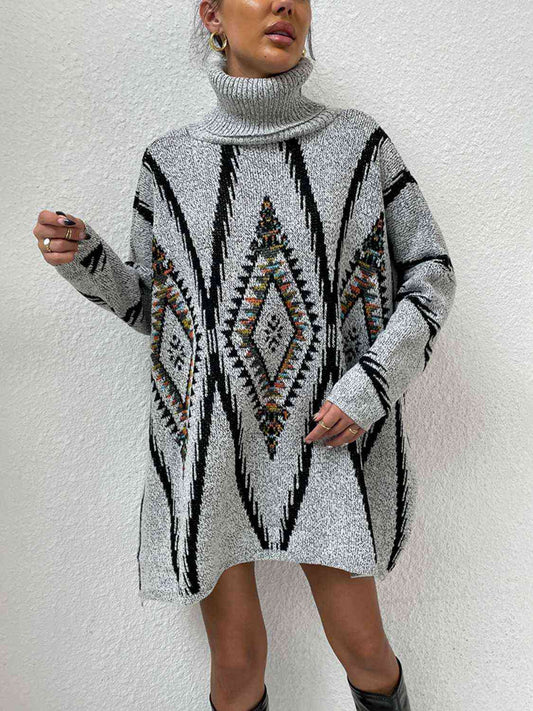 Turtleneck Slit Geometric Sweater