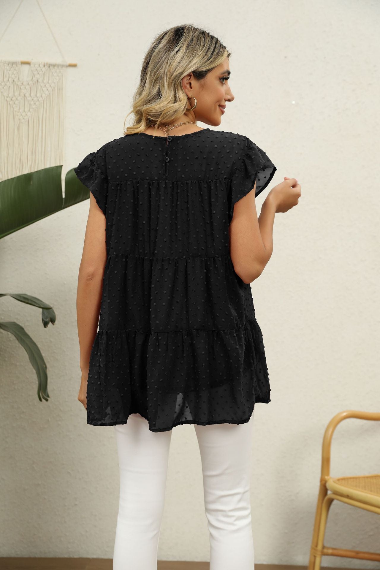 Swiss Dot Round Neck Tiered Blouse