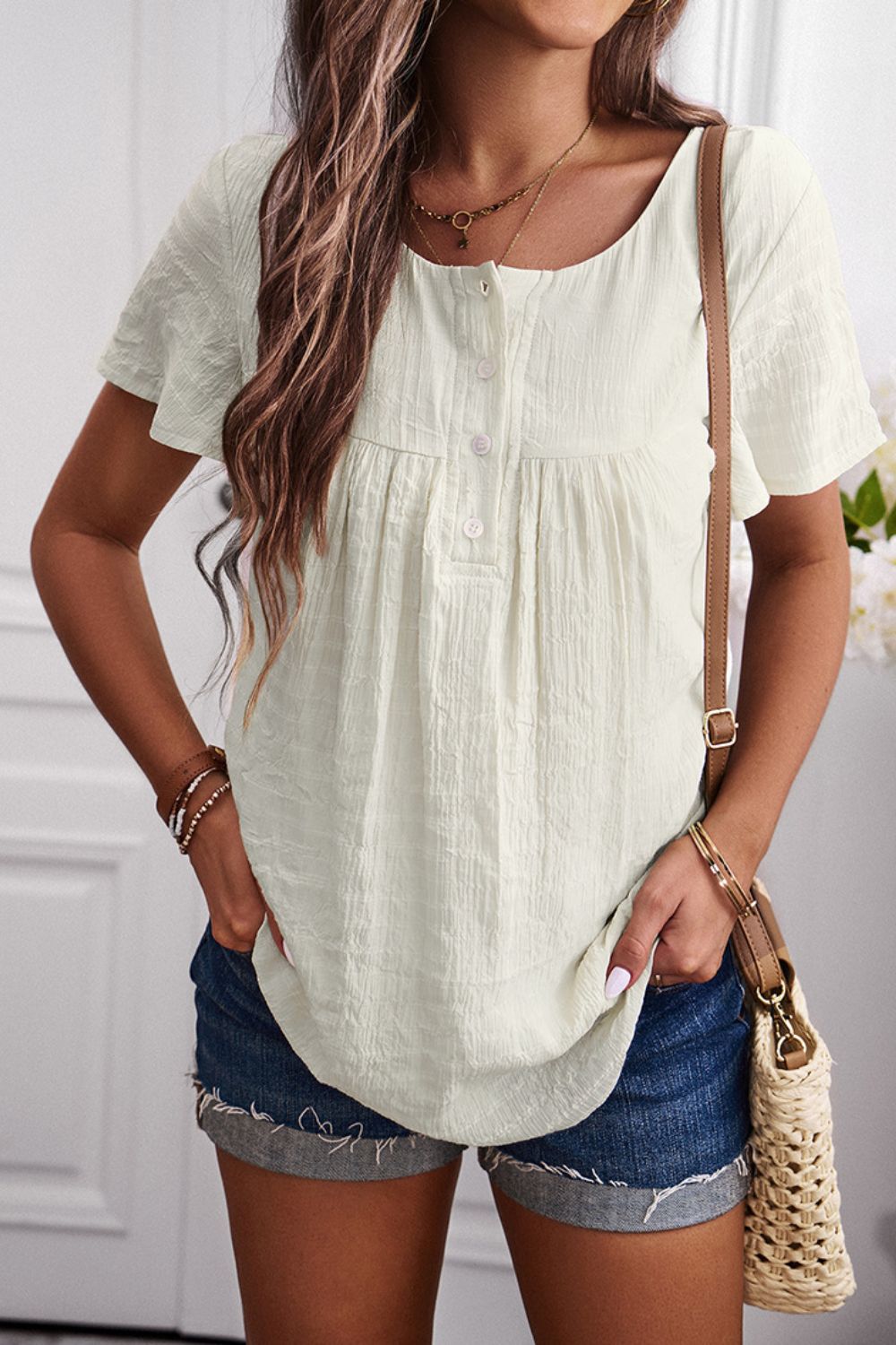 Quarter-Button Short Sleeve Top