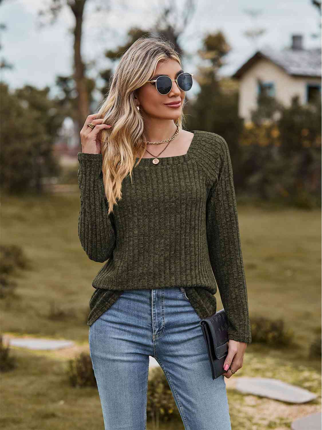 Full Size Ribbed Square Neck Long Sleeve T-Shirt