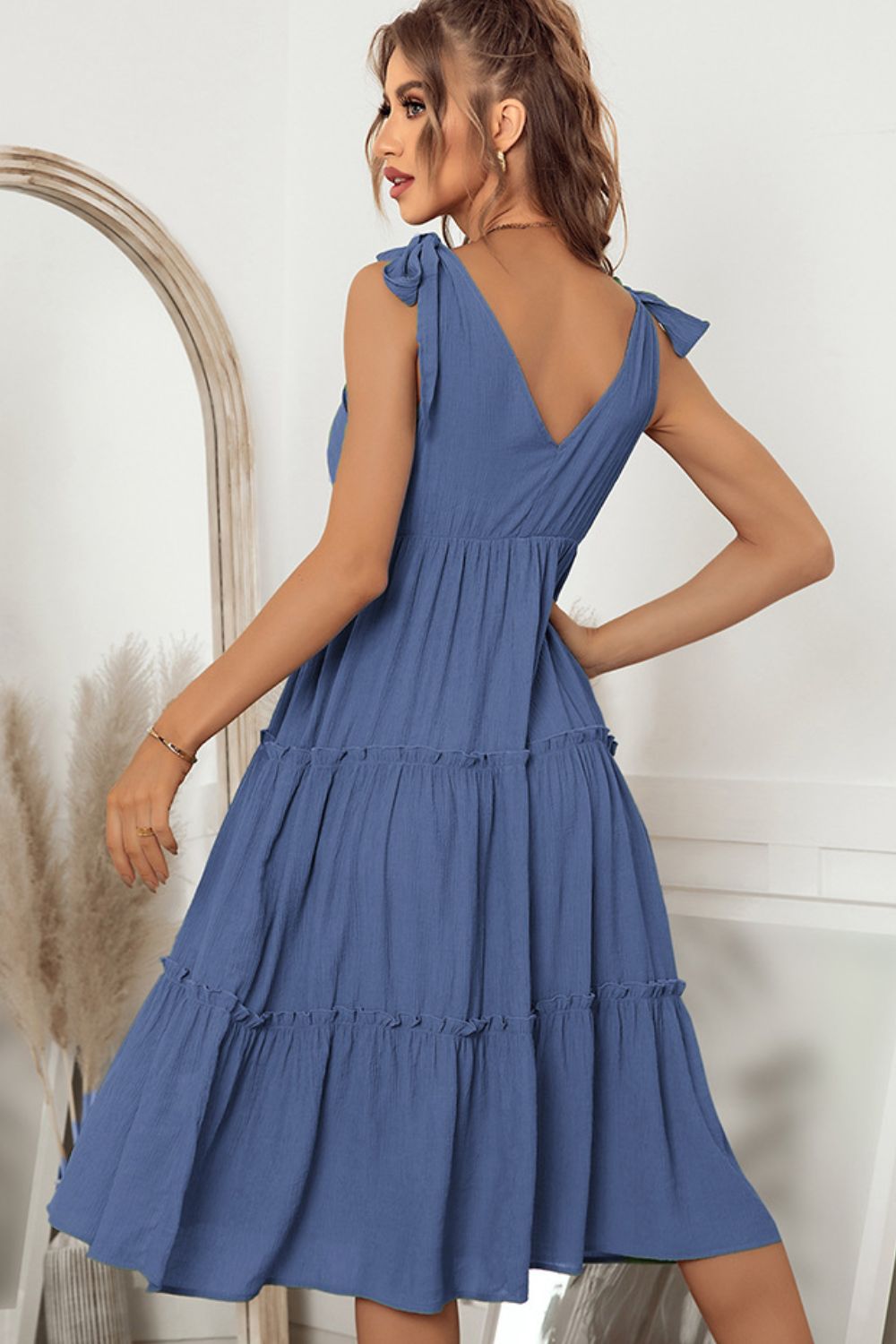 Tie Shoulder V-Neck Tiered Dress